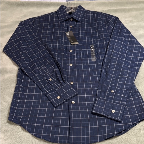 Van Heusen Navy Checkered Button Down Shirt - Picture 1 of 5